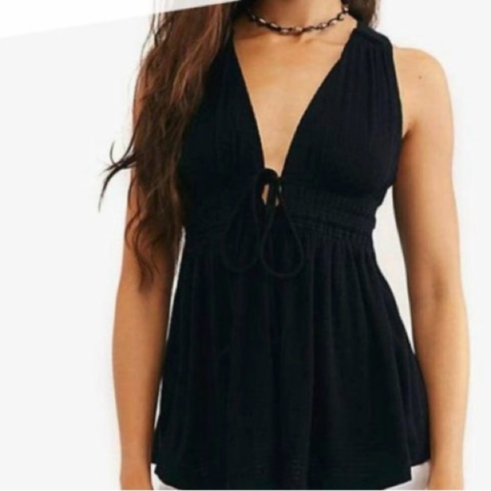 Free people beach bound plunging V smock black tank top